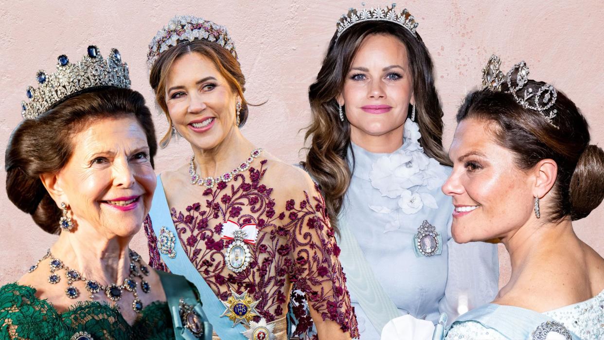 queen silvia, queen mary, princess sofia, princess victoria in ballgowns and tiaras