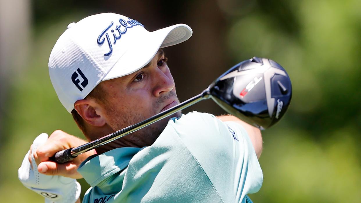   Justin Thomas of the United States plays his shot from the third tee during the final round of the Charles Schwab Challenge 