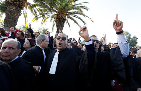 Tunisian lawyers demonstrate against the government's proposed new taxes outside parliament in Tunis, Tunisia November 23, 2016. REUTERS/Zoubeir Souissi