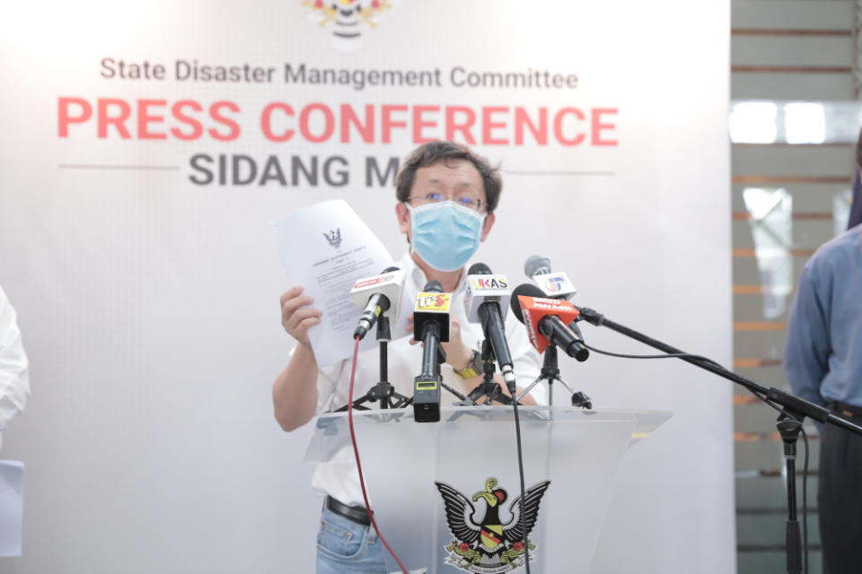 Sarawak Local Government and Housing Minister Datuk Seri Dr Sim Kui Hian speaks during a media briefing in Kuching May 14, 2020. — Picture courtesy of Sarawak Public Communications Unit (Ukas)