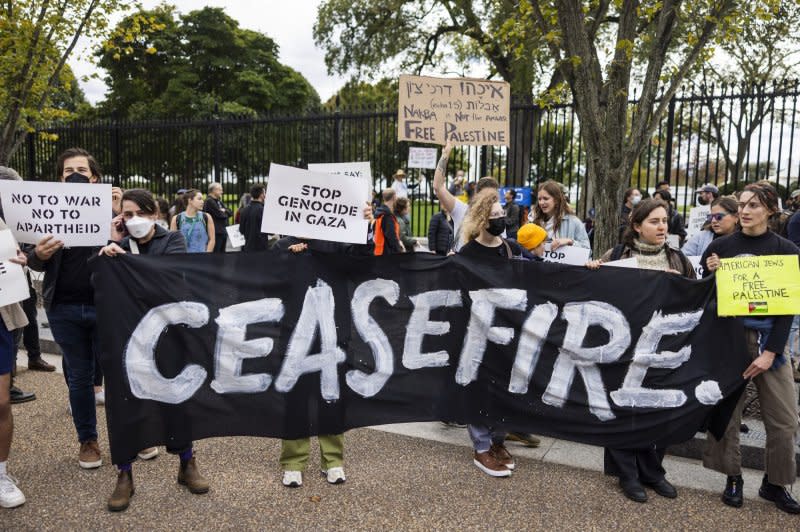 Protesters against Israel's military actions in Gaza demonstrate outside the White House in Washington, D.C., on Monday. The rally was led by Jewish groups who called for an immediate cease-fire as Israel responded to a deadly attack staged by Hamas on Oct. 7. Photo by Jim Lo Scalzo/UPI