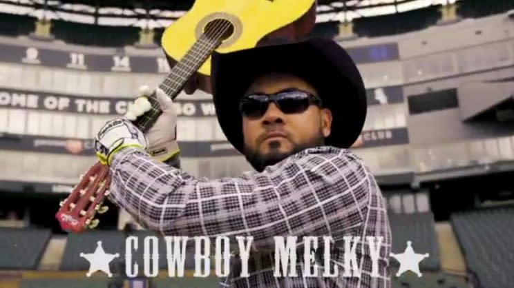 Melky Cabrera plays Cowboy Melky in a White Sox promo video. (Twittter/@WhiteSox)