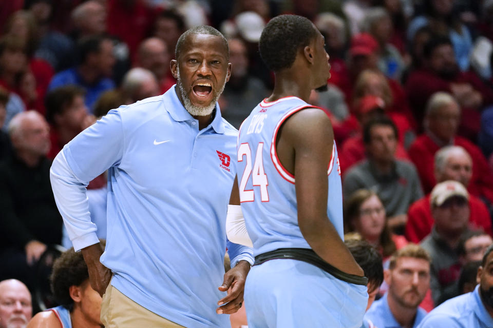 Dayton coach Anthony Grant calls a play during the first half of the team's NCAA college basketball game against SMU, Friday, Nov. 11, 2022, in Dayton, Ohio. (AP Photo/Joshua A. Bickel)