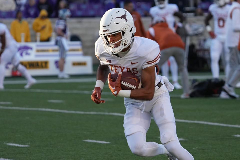 Texas Longhorns wide receiver Brenen Thompson practices before the Texas Longhorns football game against Kansas State at Bill Snyder Family Stadium in Manhattan, Kansas on Saturday, Nov. 5, 2022. 