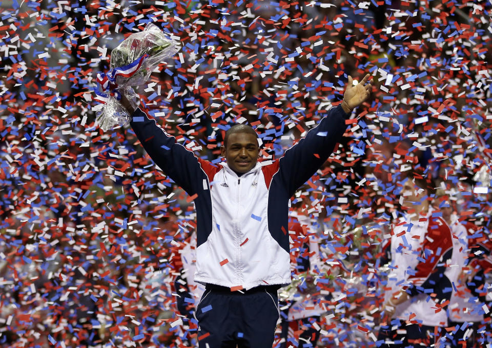 John Orozco celebrates in the confetti after being named to the U.S. gymnastic team at HP Pavilion on July 1 in San Jose, California. (Photo by Ezra Shaw/Getty Images)