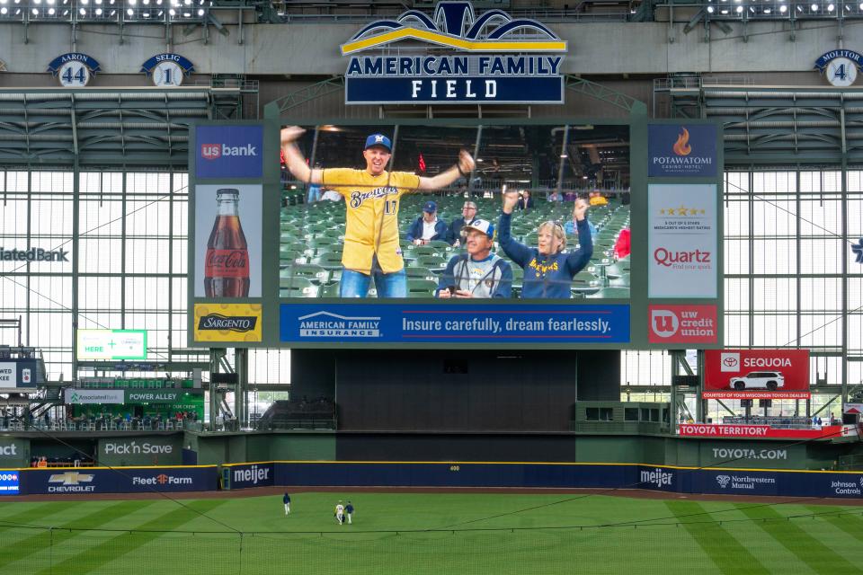 Fans ham it up before the Milwaukee Brewers game against the Houston Astros game Wednesday, May 24, 2023 at American Family Field in Milwaukee, Wis.