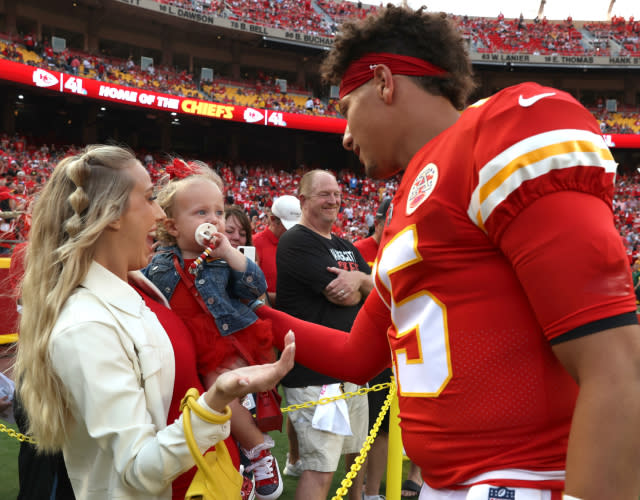 <em>Brittany Mahomes, Sterling Mahomes, and Patrick Mahomes before the game against the Los Angeles Chargers at Arrowhead Stadium on September 15, 2022 in Kansas City, Missouri. (Photo by Jamie Squire/Getty Images)</em>