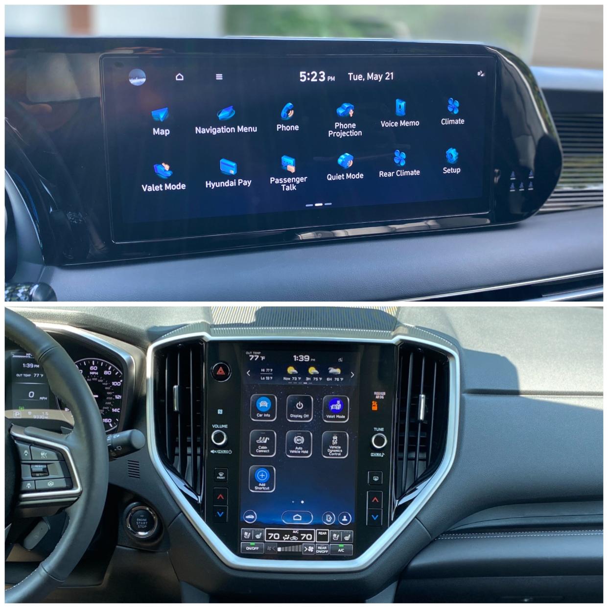 Two photos showing the 12.3-inch infotainment touchscreen on the front dash of a 2024 Hyundai Palisade and the 11.6-inch vertical infotainment touchscreen in the dash of a 2024 Subaru Ascent SUV.