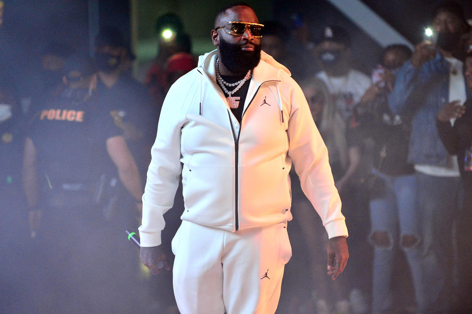 <p>Rick Ross performed on stage during the Ross the Bells concert at the Miramar Regional Park Amphitheater in Florida.</p>