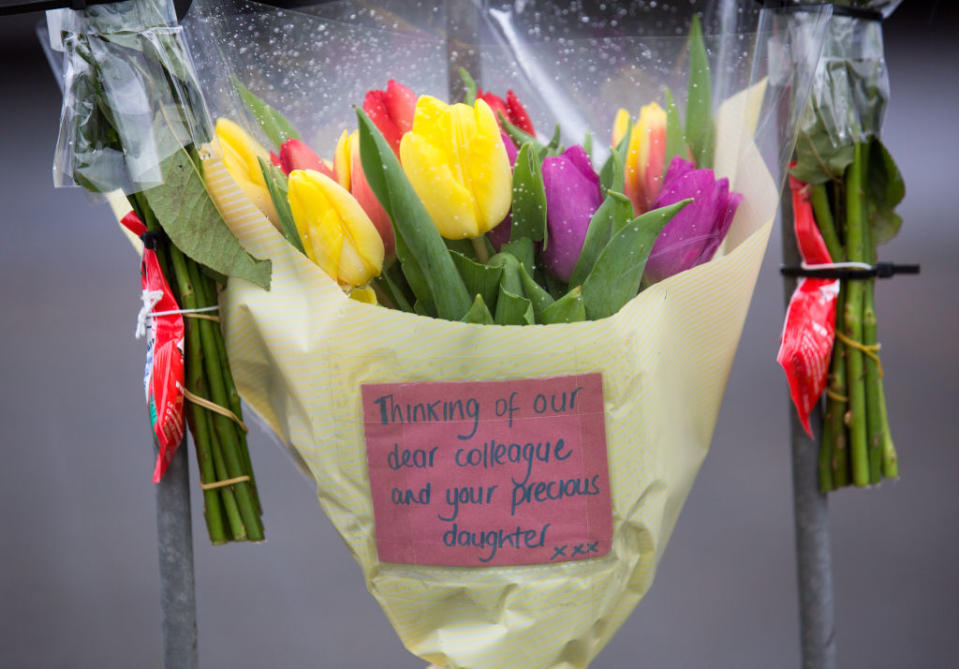 'Thinking of our dear colleague and your precious daughter' on a floral tribute. Source: Getty