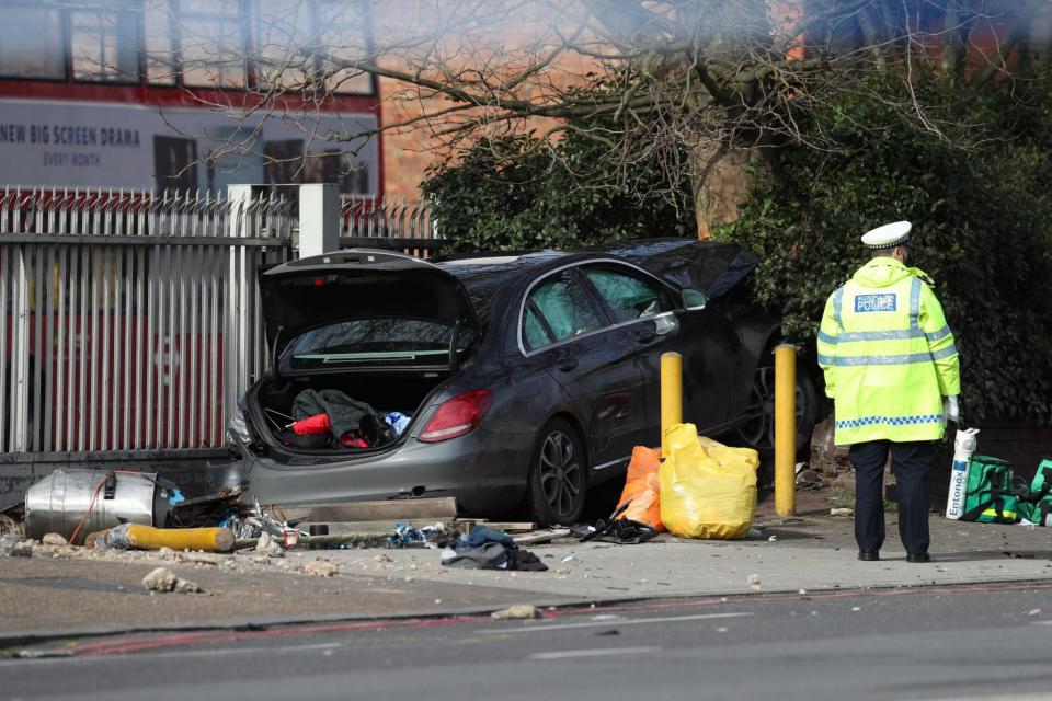 Mercedes: The car was shown crashed into a hedge (PA)