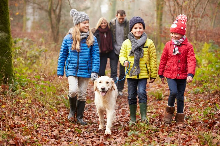 Family out for winter walk with dog