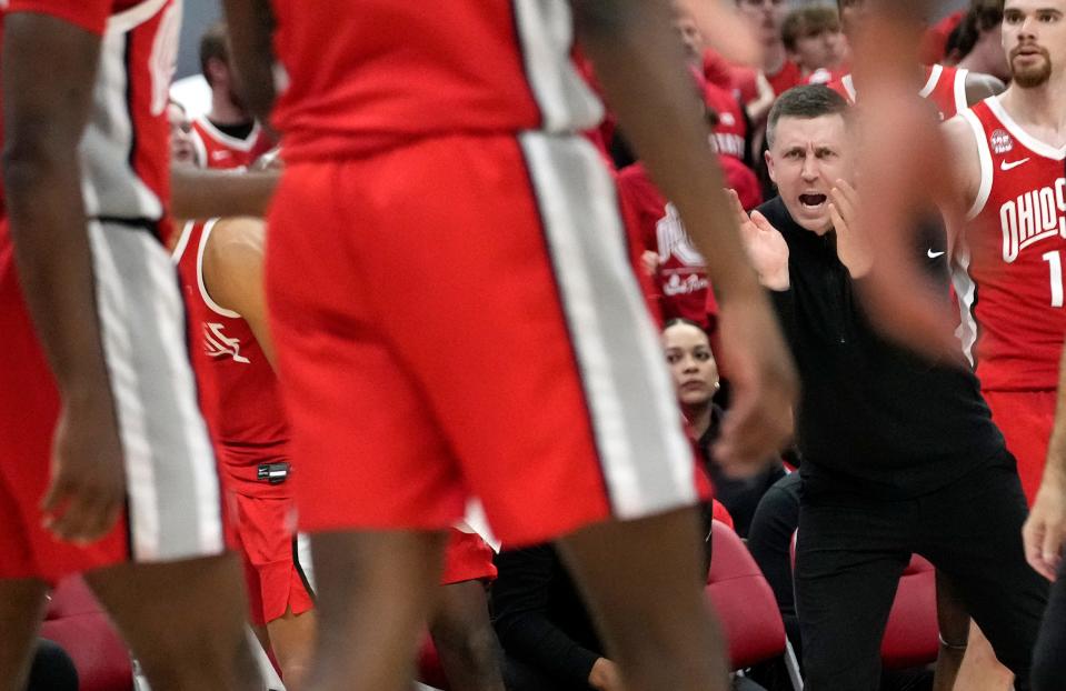 Mar 3, 2024; Columbus, OH, USA; Ohio State Head Coach Jake Diebler yells to the team during their NCAA Division I Mens basketball game at Value City Arena.