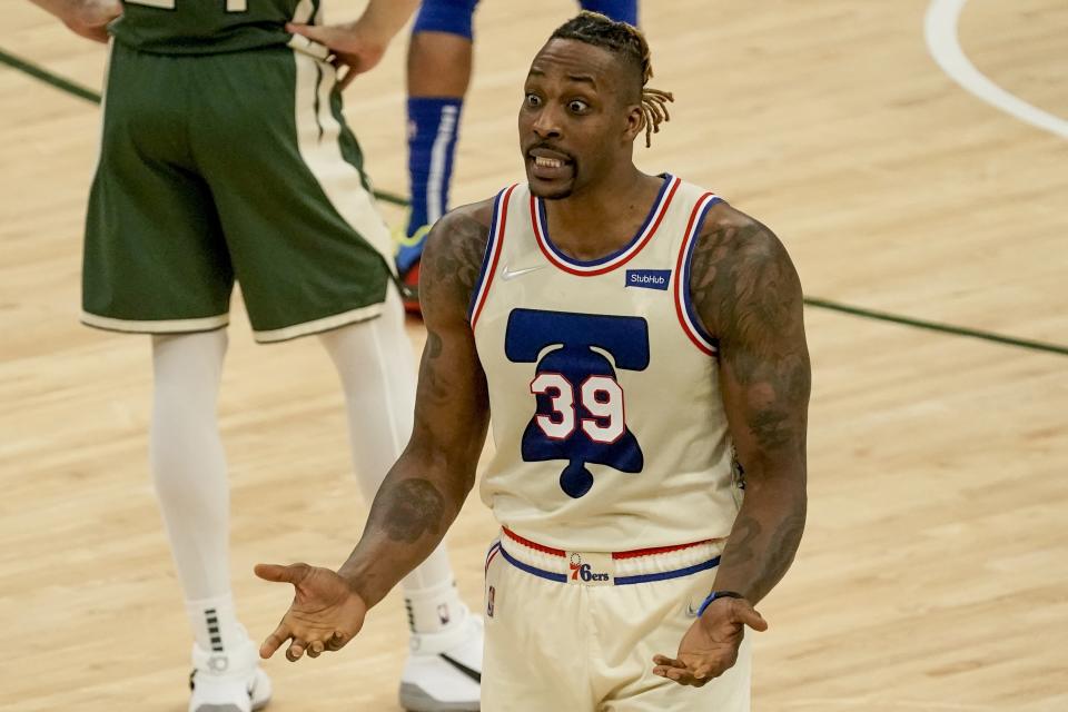 Philadelphia 76ers' Dwight Howard reacts to a call during the first half of an NBA basketball game against the Milwaukee Bucks Saturday, April 24, 2021, in Milwaukee. (AP Photo/Morry Gash)