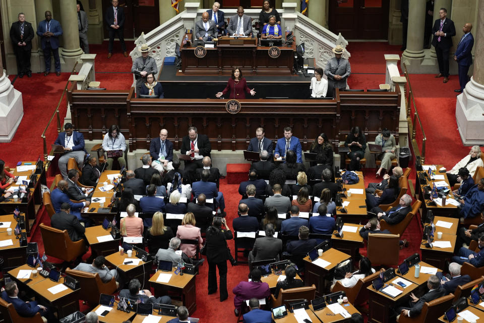 New York Governor Kathy Hochul, top center, speaks during the State of the State address in Albany, N.Y., Tuesday, Jan. 9, 2024. The Democrat outlined her agenda for the ongoing legislative session, focusing on crime, housing and education policies. (AP Photo/Seth Wenig)