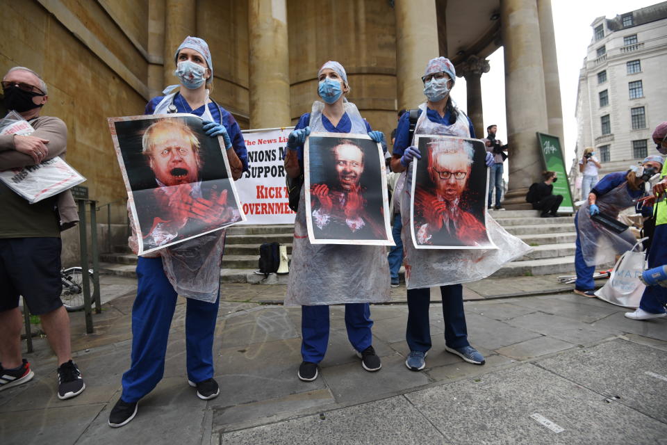 LONDON, ENGLAND - SEPTEMBER 12: NHS workers attend the 'March for Pay' Demonstration outside the BBC Broadcasting House in London, United Kingdom on September 12, 2020. (Photo by Kate Green/Anadolu Agency via Getty Images)