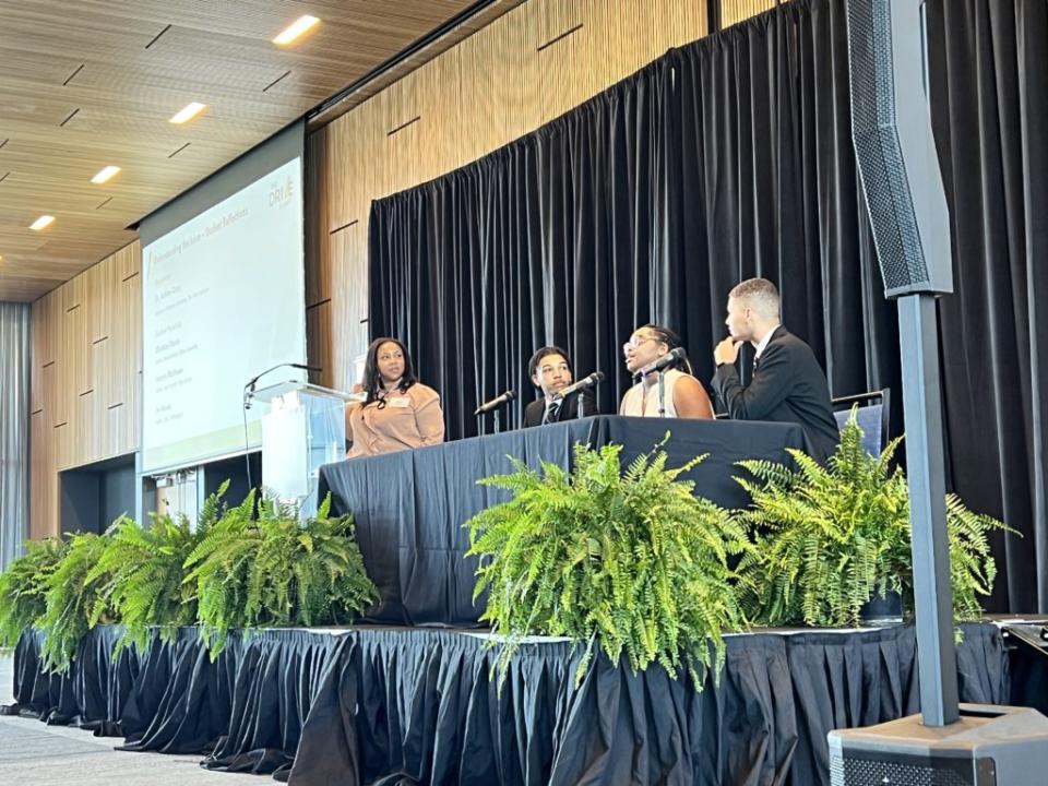 Students (from left to right) Christian Martin, Amaya Matthews, and Tre Woods, who are aspiring teachers, talk about the impact of having (and not having) educators of color during their K-12 experience. (Rupen Fofaria/EducationNC)