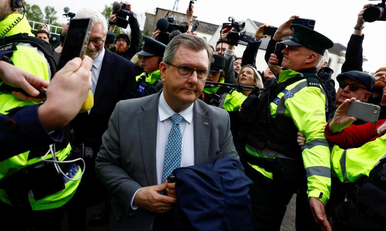 <span>Jeffrey Donaldson arrives at Newry magistrates court, Northern Ireland.</span><span>Photograph: Clodagh Kilcoyne/Reuters</span>