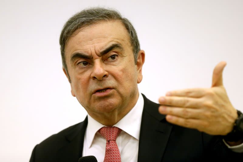 FILE PHOTO: Former Nissan chairman Carlos Ghosn gestures during a news conference at the Lebanese Press Syndicate in Beirut