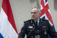 Assistant Commissioner David McLean of Australia speaks during the Joint Investigation Team, JIT, news conference in The Hague, Netherlands, Wednesday, Feb. 8, 2023, on the results of the ongoing investigation into other parties involved in the downing of flight MH17 on 17 July 2014. The JIT investigated the crew of the Buk-TELAR, a Russian made rocket launcher, and those responsible for supplying this Russian weapon system that downed MH17. (AP Photo/Peter Dejong)