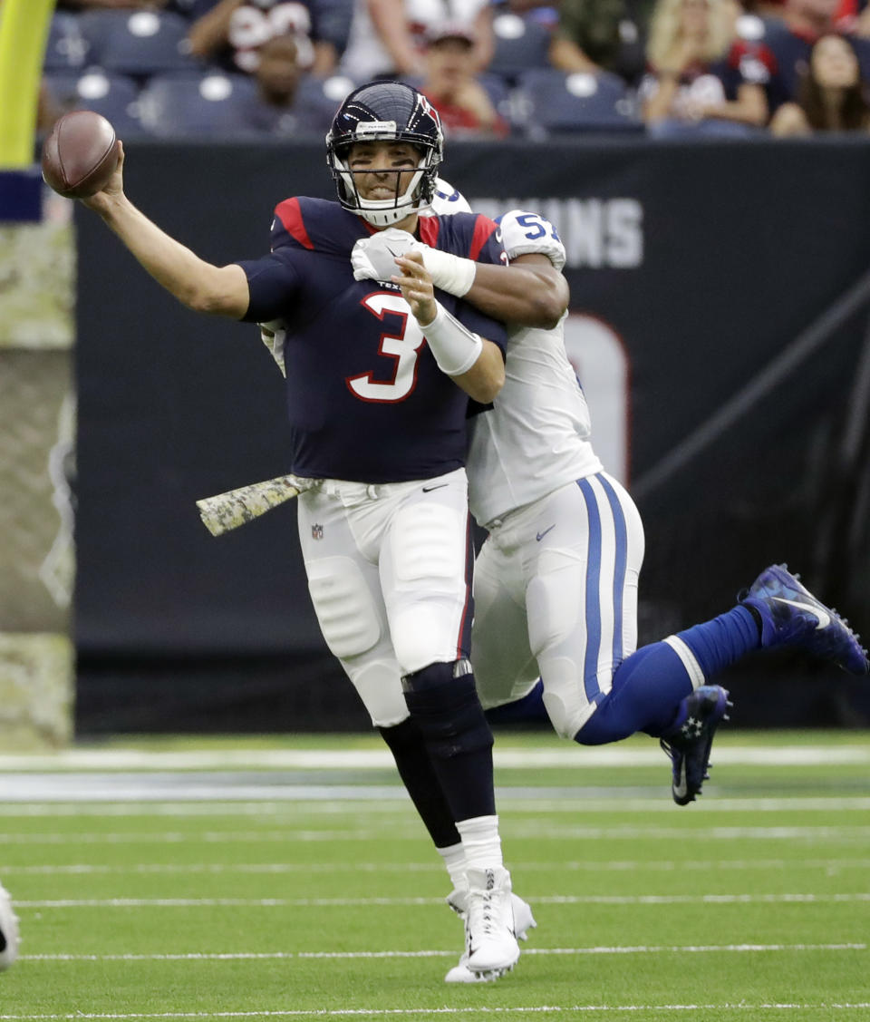 <p>Houston Texans quarterback Tom Savage (3) is hit by Indianapolis Colts inside linebacker Jon Bostic (57) as he tries to throw during the first half of an NFL football game Sunday, Nov. 5, 2017, in Houston. (AP Photo/David J. Phillip) </p>