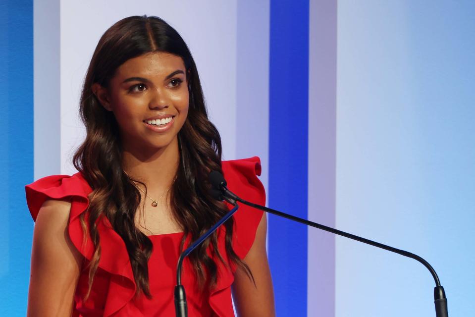 PONTE VEDRA BEACH, FLORIDA - MARCH 09: Sam Alexis Woods speaks during the 2022 World Golf Hall of Fame Induction at the PGA TOUR Global Home on March 09, 2022 in Ponte Vedra Beach, Florida. (Photo by Sam Greenwood/Getty Images)