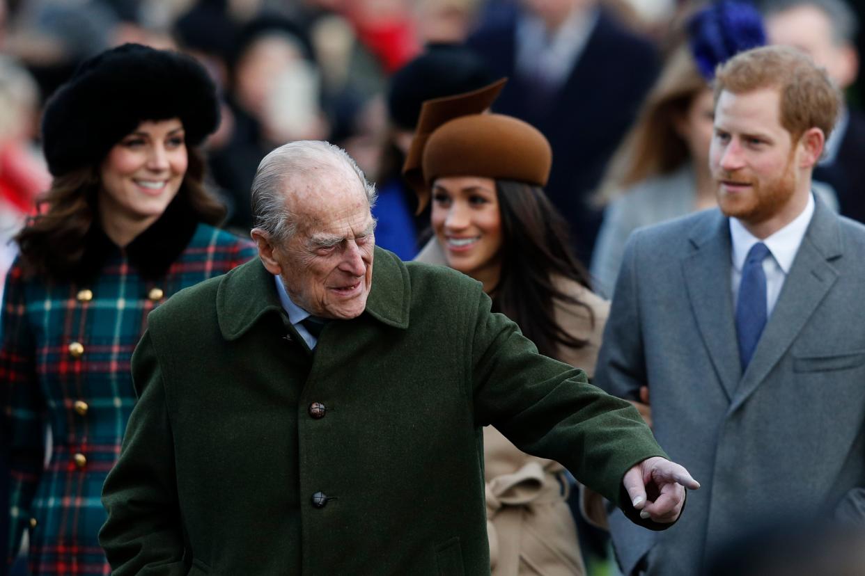 Prince Philip, pictured with Kate Middleton, Meghan Markle and Prince Harry in 2017. (Photo: ADRIAN DENNIS/AFP/Getty Images)