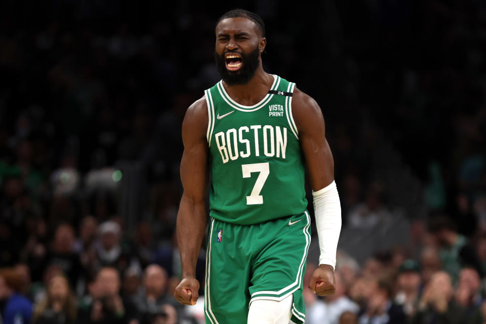 Boston Celtics star Jaylen Brown celebrates after scoring against the Milwaukee Bucks during the second quarter of Game 2 of the Eastern Conference semifinals at TD Garden. (Maddie Meyer/Getty Images)