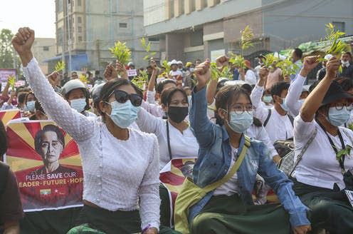 <span class="caption">Protests against the coup in Myanmar, an example of 'democratic backsliding' that is growing more prevelent worldwide.</span> <span class="attribution"><span class="source">STR/EPA-EFE</span></span>