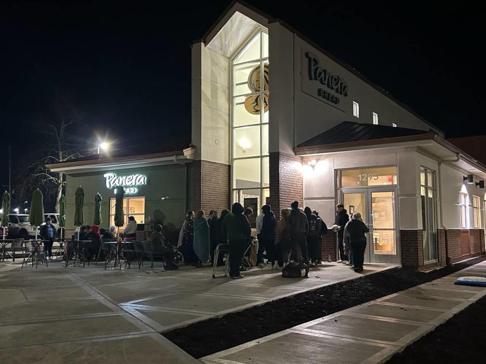 More than 40 people were in line at Panera Bread’s new location Wednesday, March 22, at 1295 E. Sunset Drive in Bellingham. The first 25 customers won a year of free bagels.