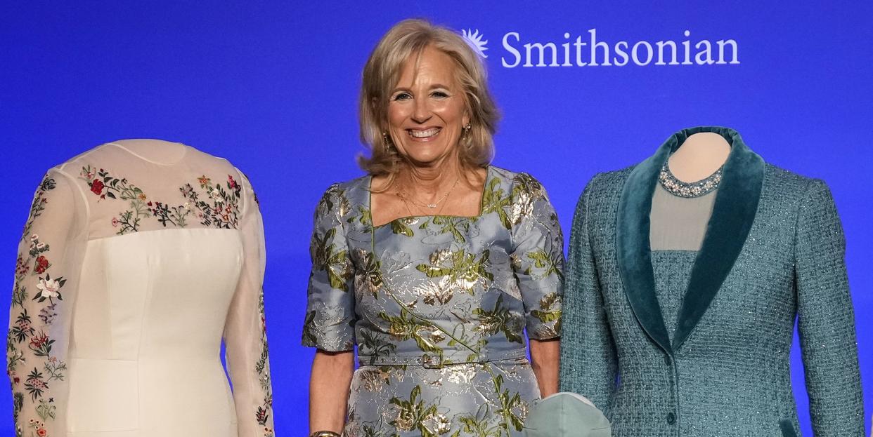 washington, dc january 25 first lady jill biden smiles during an event to present her inauguration day attire to the smithsonian's first ladies collection at the smithsonian national museum of american history on january 25, 2023 in washington, dc presenting the first lady's inauguration attire at the smithsonian is a tradition dating back to helen taft in 1912 photo by drew angerergetty images