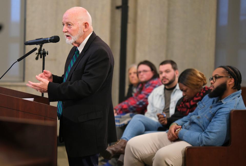 Dan Straughan, executive director of the Homeless Alliance is the last to speak during public comments at the Oklahoma City Council meeting with Councilman Stonecipher's proposed homelessness ordinances on the agenda, Tuesday November 22, 2022.