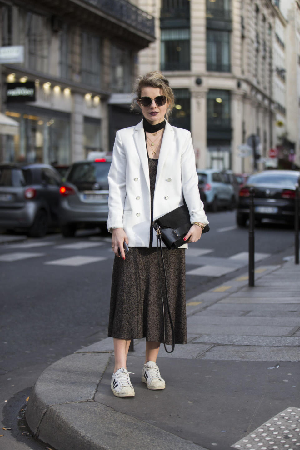 Mathilde Margail in an oversized white blazer and sneakers at the spring/summer 2016 haute couture shows in Paris.