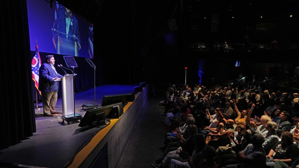 Jul 13, 2024; Columbus, Ohio, USA; Illinois Governor JB Pritzker makes remarks at the Ohio Democrats Family Reunion on Saturday, July 13, 2024 at the Kemba Live concert center in downtown Columbus, Ohio.