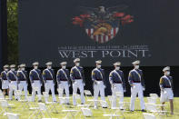 FILE - United States Military Academy graduating cadets, wearing face masks, march to their socially-distanced seating during commencement ceremonies on June 13, 2020, in West Point, N.Y. Vice President Kamala Harris will be the first woman to deliver a commencement speech at a West Point graduation ceremony, White House officials said. Harris will deliver the keynote address on May 27 at the U.S. Military Academy for the Class of 2023. (AP Photo/John Minchillo, Pool, File)