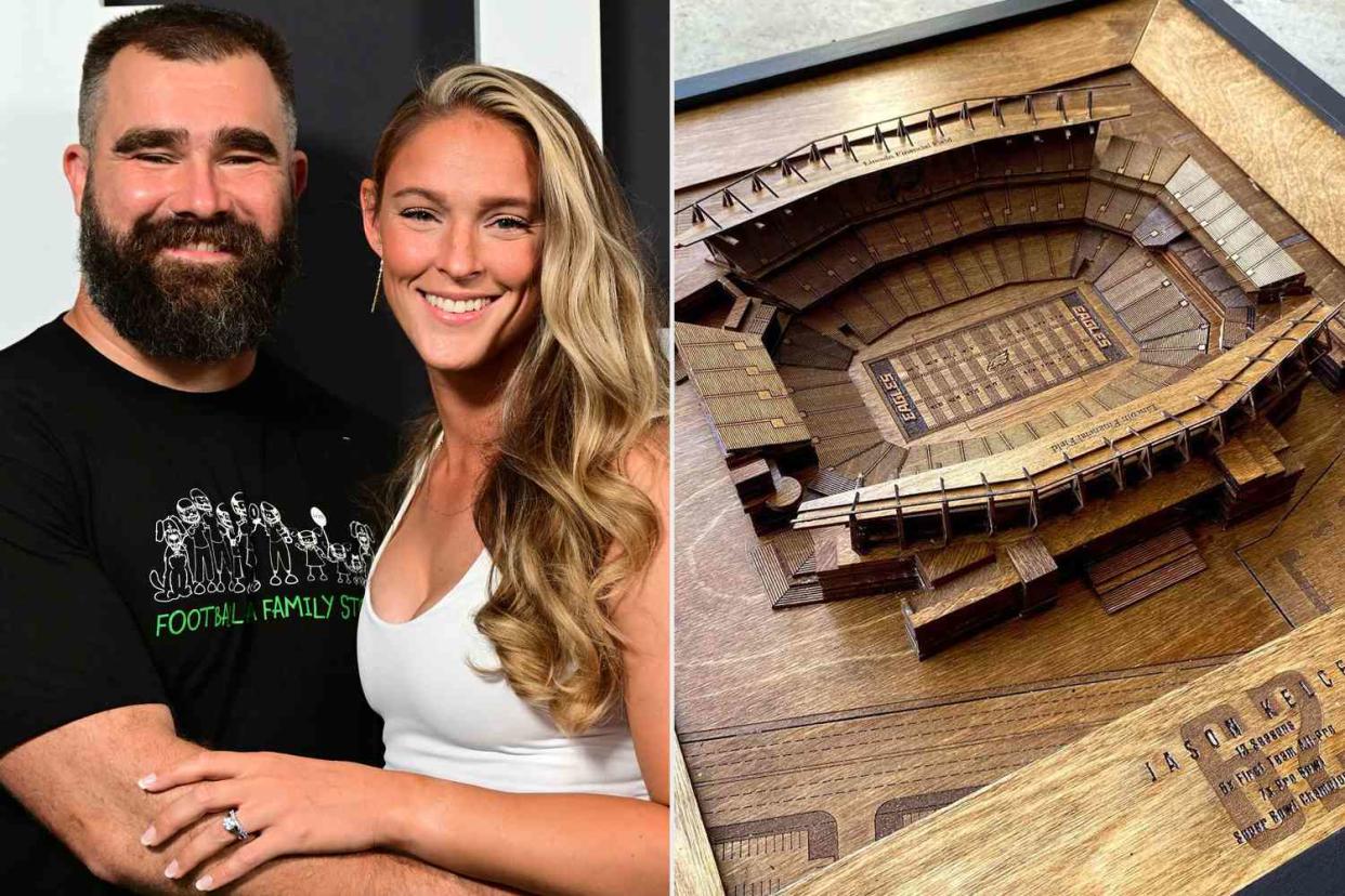 <p>Lisa Lake/Getty; Dana Theobald/ Instagram</p> Photo of custom gift Kylie Kelce gifted her husband Jason Kelce after his retirement