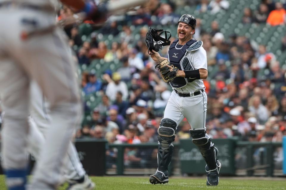 Detroit Tigers catcher Jake Rogers celebrates a foul out against New York Mets during the sixth inning at Comerica Park in Detroit on Thursday, May 4, 2023.