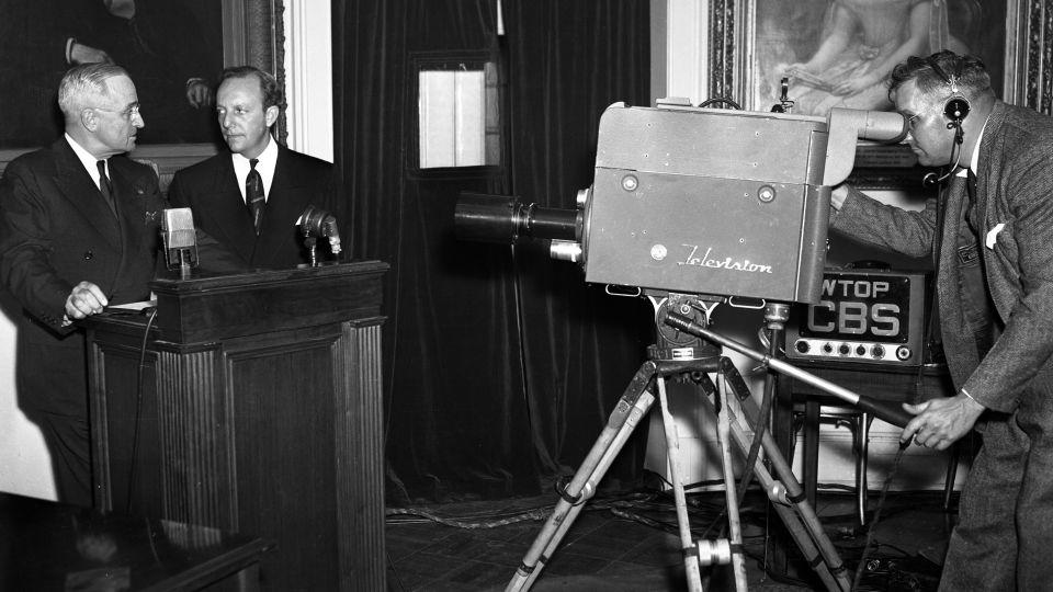 Truman, joined by Charles Luckman and L.A. McClelland, participated in a televised address to the American people to gain support for the new voluntary food conservation drive. - Bettmann Archive/Getty Images