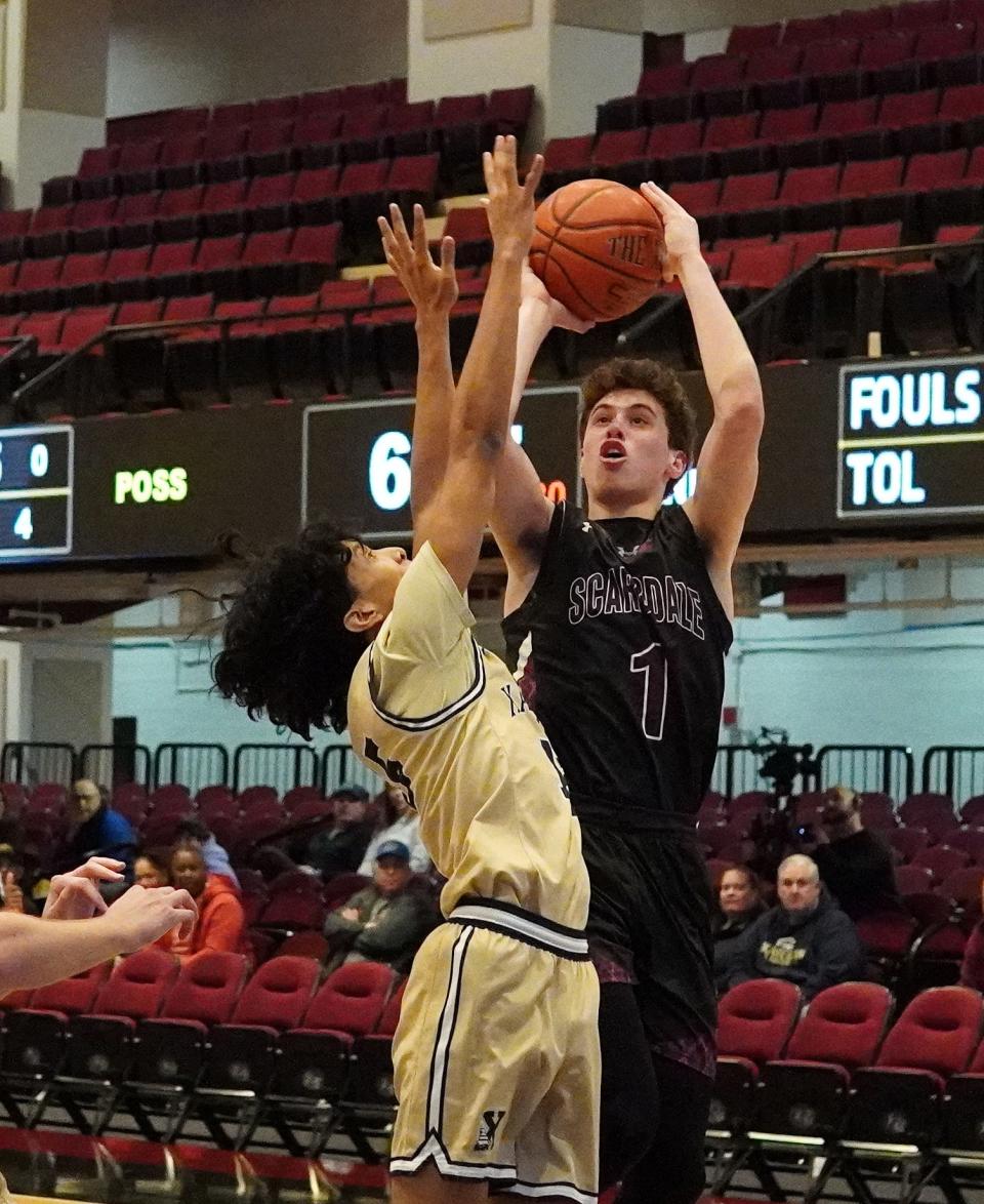 Scarsdale's Jake Sussberg elevates for a second-quarter shot during the Raiders' 61-37 loss to Xaverian in the Public vs. Catholic Hoops Showdown at the Westchester County Center on Saturday, Feb. 3, 2024. The junior point guard finished with 14 points.
