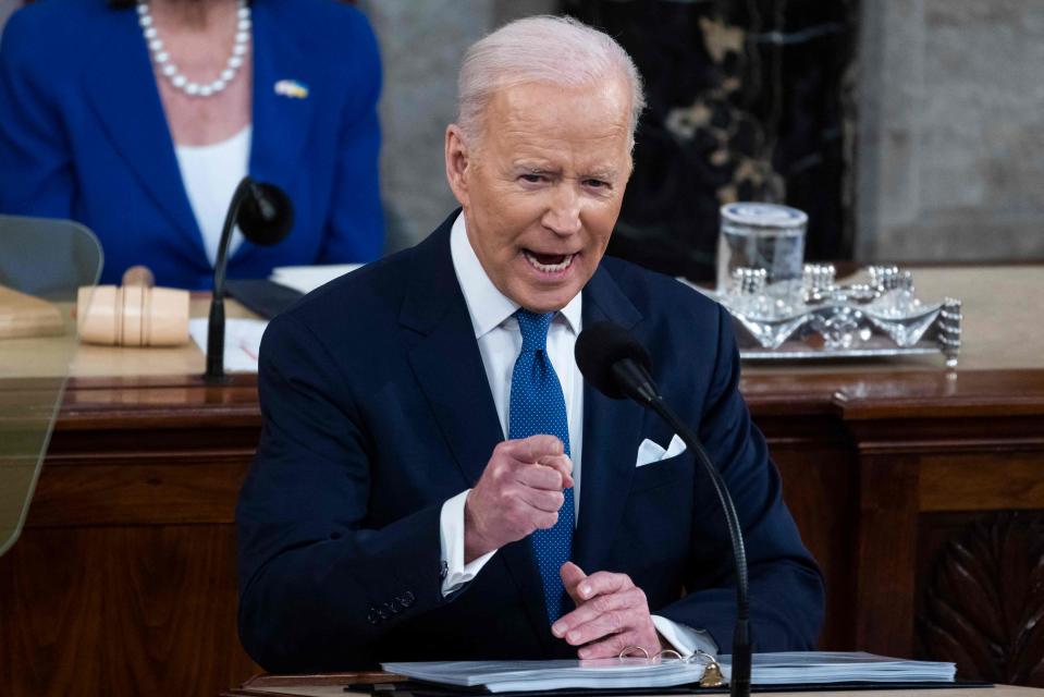 US President Joe Biden delivers his first State of the Union address at the US Capitol in Washington, DC, on March 1, 2022.