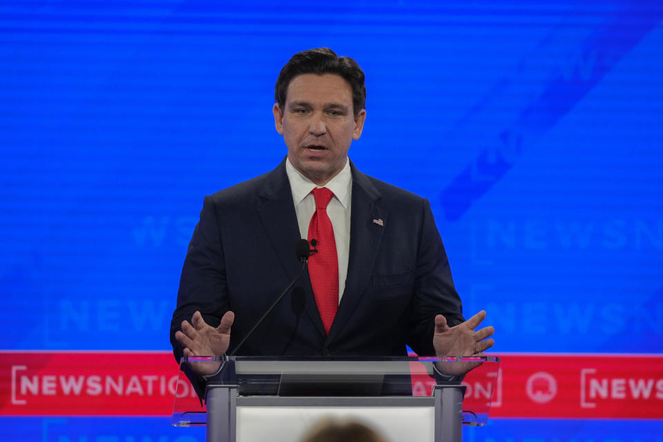 Republican presidential candidate Florida Gov. Ron DeSantis speaks during a Republican presidential primary debate hosted by NewsNation on Wednesday, Dec. 6, 2023, at the Moody Music Hall at the University of Alabama in Tuscaloosa, Ala. (AP Photo/Gerald Herbert)