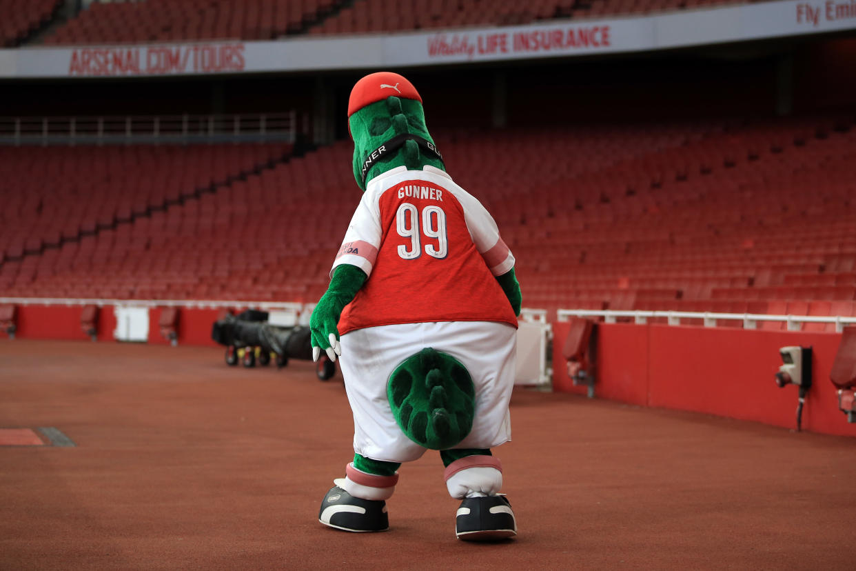 LONDON, ENGLAND - AUGUST 31: Gunnersaurus the Arsenal club mascot during the Premier League 2 match between Arsenal and Tottenham Hotspur at Emirates Stadium on August 31, 2018 in London, England. (Photo by Marc Atkins/Getty Images)