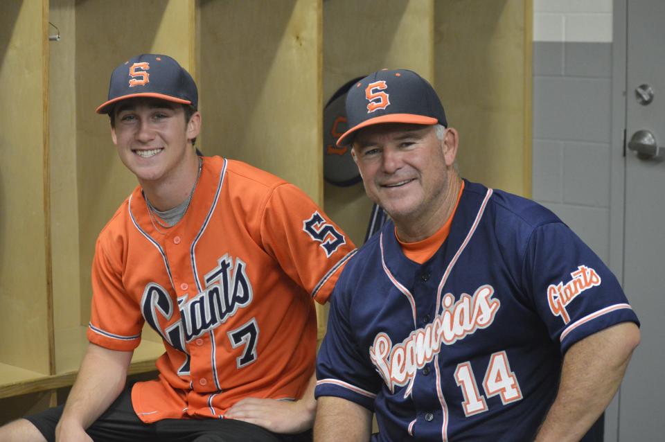 College of the Sequoias baseball coach Jody Allen, right, and his son, Payton, a Giants' baseball player, pose for a photo. Allen has coached his son the past two seasons.