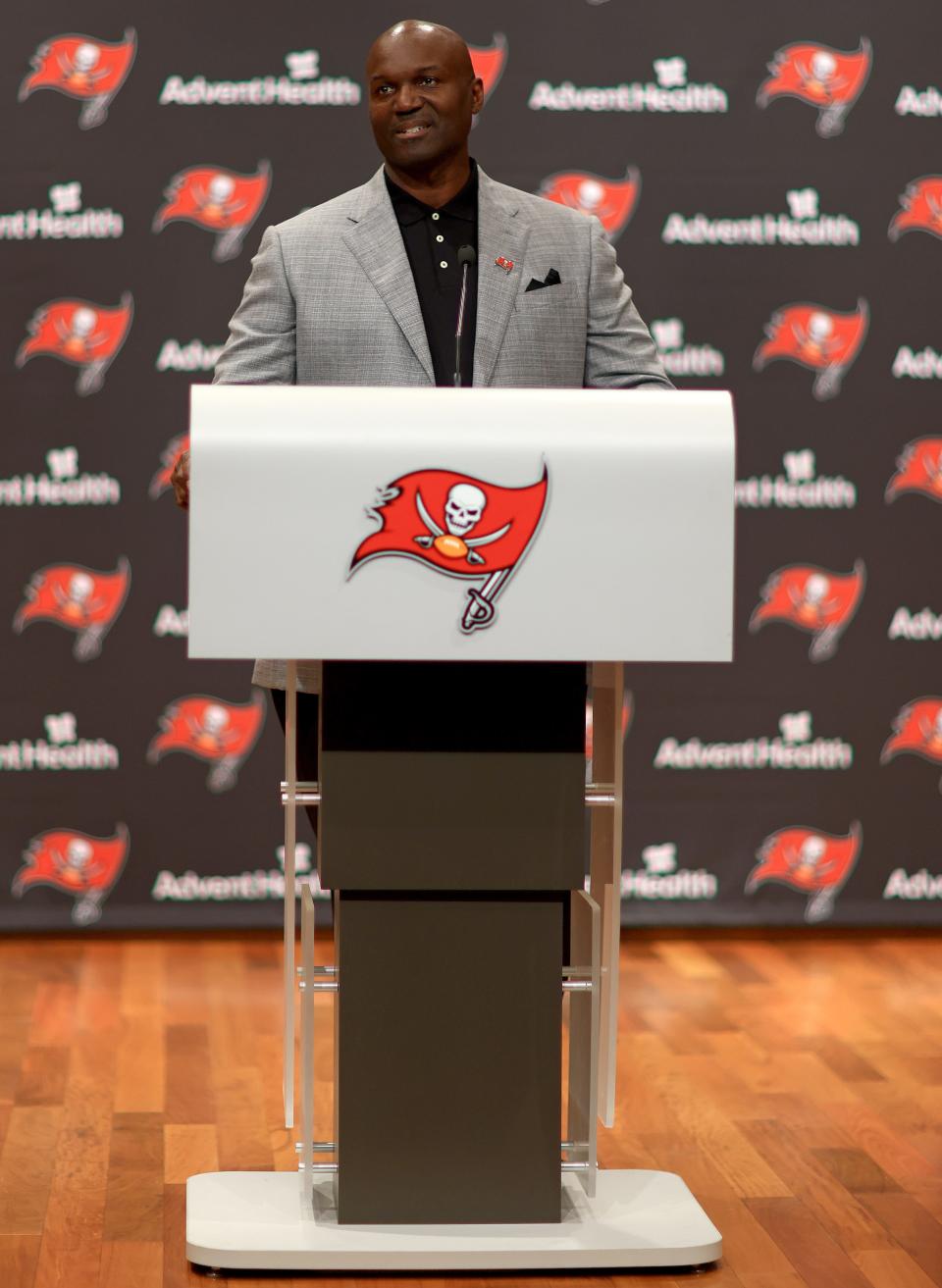 Todd Bowles speaks at a press conference introducing him as the new head coach of the Tampa Bay Buccaneers.