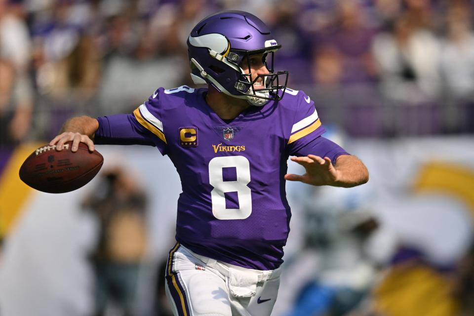 Sep 25, 2022; Minneapolis, Minnesota, USA; Minnesota Vikings quarterback Kirk Cousins (8) throws a pass against the Detroit Lions during the first quarter at U.S. Bank Stadium. Mandatory Credit: Jeffrey Becker-USA TODAY Sports - 19139537