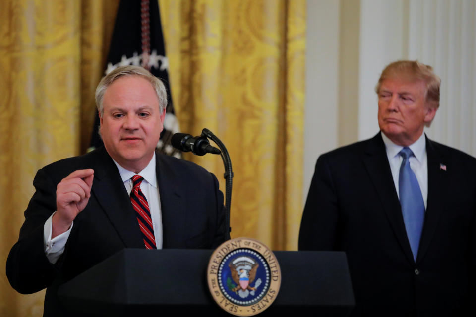 President Donald Trump listens to U.S. Interior Secretary David Bernhardt speak during an event touting the administration&rsquo;s environmental policy in the East Room of the White House in Washington, U.S., July 8, 2019. (Photo: Carlos Barria / Reuters)