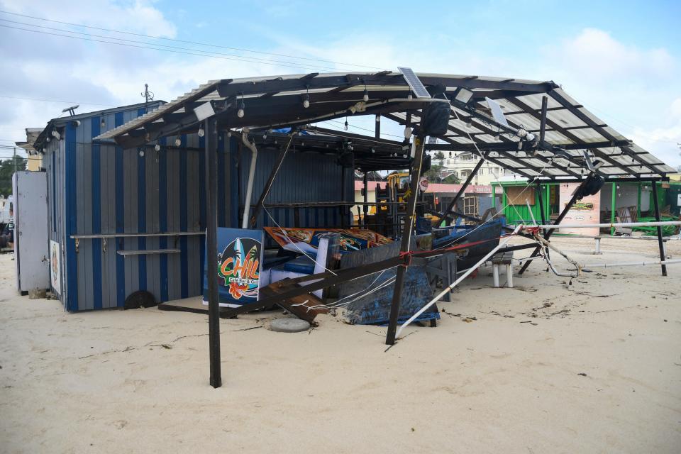 View of a damaged restaurant on the beach near the Richard Haynes Boardwalk after the passage of Hurricane Beryl in Hastings, Christ Church, Barbados, on July 1, 2024.