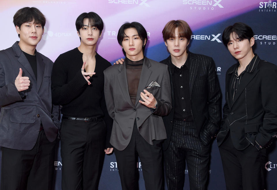 <p>The members of MONSTA X — Joohoney, Hyungwon, I.M, Minhyuk, and Kihyun — attend a screening of their film <em>The Dreaming</em> in Los Angeles on Dec. 8.</p>