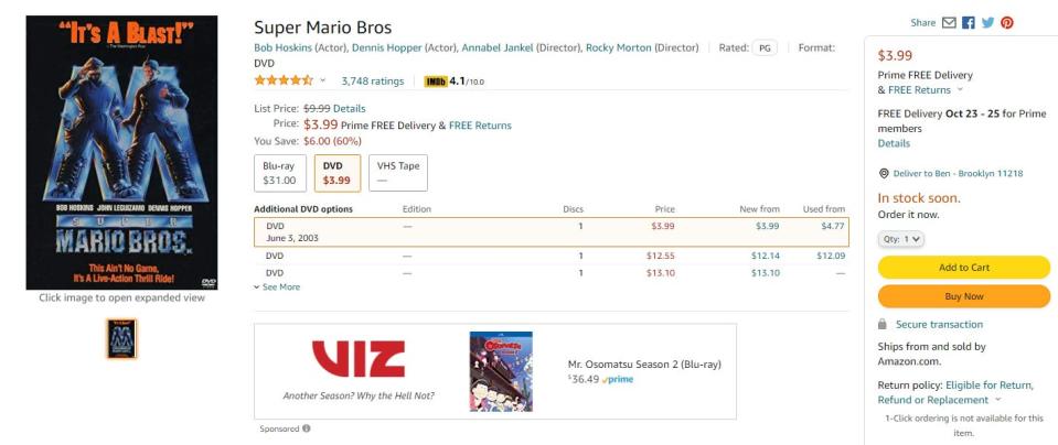 An Amazon listing for the "Super Mario Bros." movie on DVD.