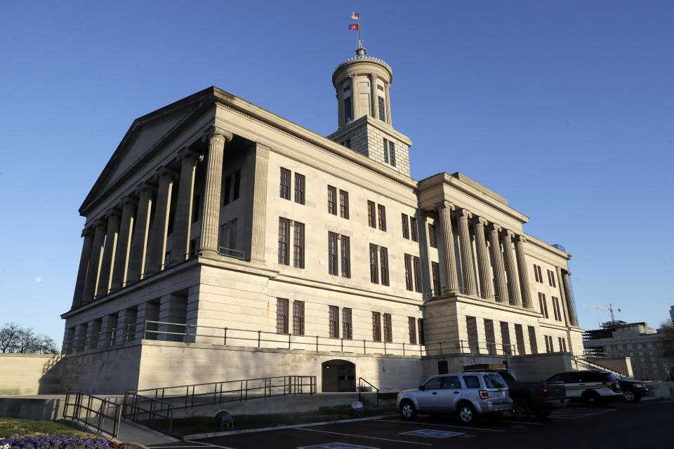 FILE - The Tennessee state Capitol in Nashville, Tenn., is shown on Jan. 8, 2020. Tennessee Republican leaders are escalating their calls to reject millions of federal dollars rather than comply with requirements over LGBTQ+ rights, abortion access and other hot-button issues. (AP Photo/Mark Humphrey, File)